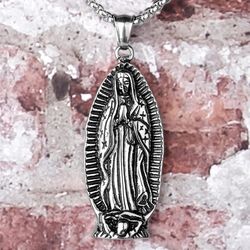 virgin mary large stainless steel pendant necklace. religious jewelry. christening gift. necklace for women. miraculous