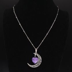 amethyst moon necklace, crescent silver pendant necklace, heart amethyst necklace, luna necklace, celestial jewelry gift