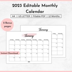 2023 monthly calendar, landscape calendar, editable calendar, printable calendar template, new year calendar.