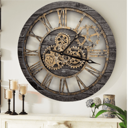 wall clock 24 inches with real moving gears carbon grey