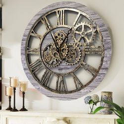 wall clock 24 inches with real moving gears silver grey