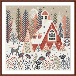 cross stitch pattern pdf winter, deer scandinavian, winter village cross stitch, winter house cross stitch 288