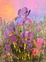 iris flower painting original art meadow miniature landscape palette knife small wall art 6" by 8" by katbes