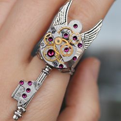 handmade unique steampunk ring from vintage ussr watch movement with swarovski