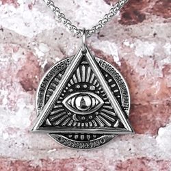 all seeing eye necklace. freemason. eye of providence. triangle delta. stainless steel pendant