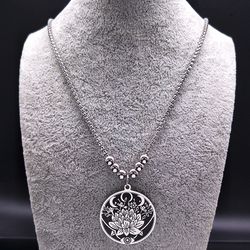 triple moon goddess with a lotus flower necklace, pagan wicca necklace, evil eye necklace, engraved witchcraft amulet