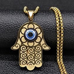hamsa gold necklace, hand of fatima pendant, glass evil eye necklace, hand of god necklace, protection amulet, lucky eye