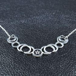 triple moon pentagram, pentacle wiccan, stainless steel pendant necklace, pentagram pendant, luna necklace, moon jewelry