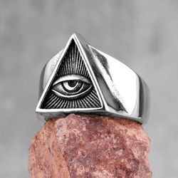 all seeing eye. freemason. eye of providence. triangle delta. stainless steel ring.