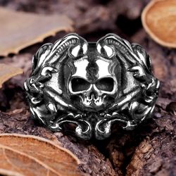 skull with leaf ring. flower skull stainless steel signet mens signet ring blooming flowers