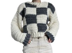 grey and white checkered crochet sweater, checkered crochet sweater, crochet patchwork sweater