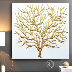 gold coral abstract painting modern wall decor gold tree wall art on canvas shiny textured artwork