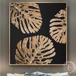 black and gold abstract wall art gold monstera leaf painting | botanical original art modern artwork