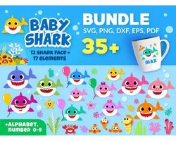 35 baby shark svg bundle - svg, png, dxf, eps, pdf files for print and cricut