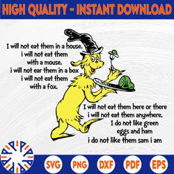 sam i will not eat them svg, green egg and ham svg, dr seuss svg, seuss sayings svg, read across america svg