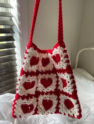 crochet heart tote bag, crochet heart bag, crochet granny square tote bag, crochet patchwork bag