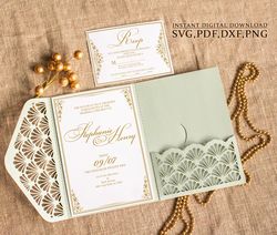 wedding invitation template svg, trifold ornament pattern 5x7 pocket envelope for cricut, laser cut, papercut