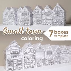 7 houses diy coloring boxes template. vintage craft paper house printable pdf files set for print