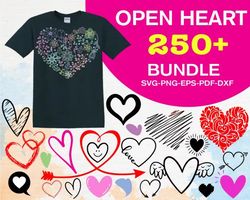 250 open heart svg bundle - svg, png, dxf, eps, pdf files for print and cricut