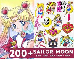 200 sailor moon svg bundle - svg, png, dxf, eps, pdf files for print and cricut