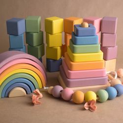 wooden montessori baby toys set pastel: blocks, rainbow, lacing, ring stacker