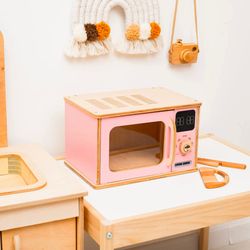 pretend play toy microwave oven, montessori toys for toddler girl, kitchen toy 3 year old, wooden toys, playroom