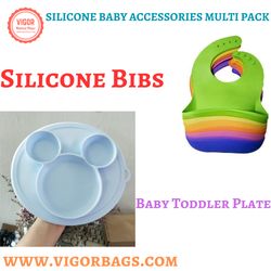 silicone waterproof soft durable adjustable bibs & silicone baby toddler plate combo pack