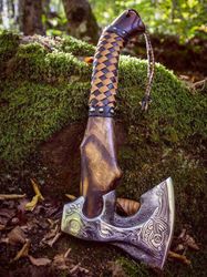 handmade axe, hand forged axe, collector axe, damascus axe, camping axe, gift for him, bushcraft axe, viking axe