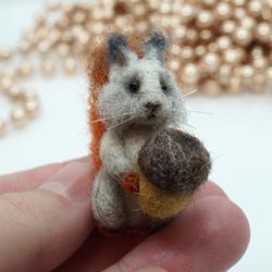 miniature needle felted squirrel, gray squirrel with acorn