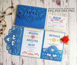 mexican invitation template, wedding trifold 5x7 svg pocket envelope, for cricut, laser cut, cameo svg dxf ai cdr