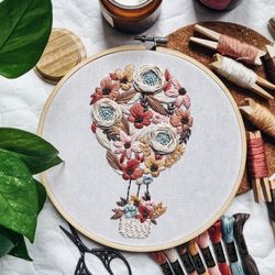 floral hot air balloon hand embroidery pdf pattern