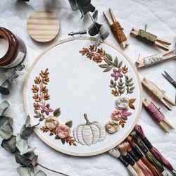 pumpkin wreath floral hand embroidery pdf pattern