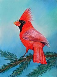 red cardinal painting bird on branch birds pastel painting pastel bird art bird wall art bird illustration original bird