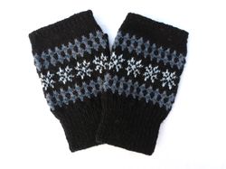 wool finger-less gloves men hand knitted fair isle gloves norwegian snowflake finger-less mittens christmas gift for him