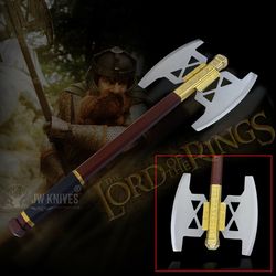 battle axe of gimli golden edition from lord of the rings lotr full size replica, handmade swords, real custom swords,