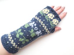 fair isle merino wool finger-less gloves women hand knit nordic finger-less mittens with flowers christmas gift for her