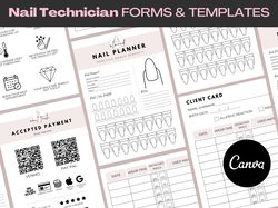 nail technician forms editable in canva, nail planner sketchbook, aftercare card client card gift certificate client app