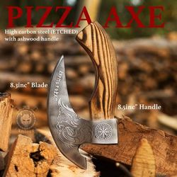 the original custom hand forged pizza axe , viking pizza cutter axe , viking history bearded norse camping hatchet