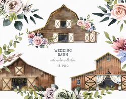 wooden barn watercolor clipart, rustic wedding clip art, festive farm clipart, country house, farmhouse logo