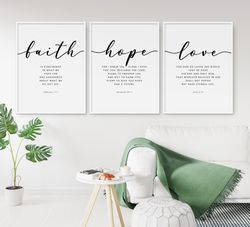 faith hope love, set of 3 printable wall art, modern scripture prints