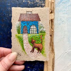 red cat painting tiny original art kitty artwork on handmade recycled paper by rubinova