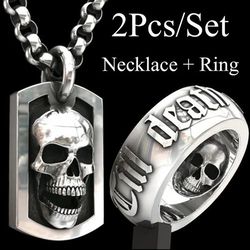 personalized two-piece skull set men's retro funny skull carving ring and necklace jewelry set