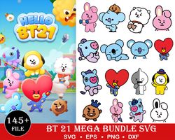 145 bt 21 svg bundle,tinytan,bts silhouette svg,kpop bts logo clipart,bts wall art decor png,bts tshirt,bts print,bt21 s