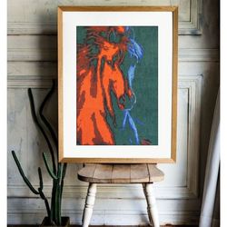 horse portrait wall art decor, finished cross stitch, abstract embroidery art print, red and blue wall art, original gif