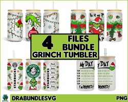 bundle 4 design grinchmas tumbler, fairy light grinchmas, 16oz glass can png, libbey can glass 16oz, funny christmas tum