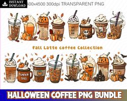 fall coffee png, halloween pumpkin spice latte iced warm autumn orange digital file, sublimation design hand drawn print