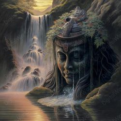 art illustration, waterfalls, nature, statue, jpg image