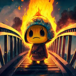 character in danger, fire, bridge, jpg image