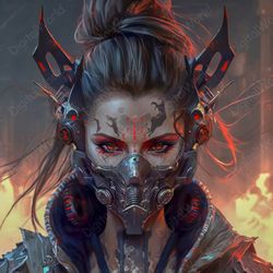 artistic illustration, cyber girl with oni mask, jpg image