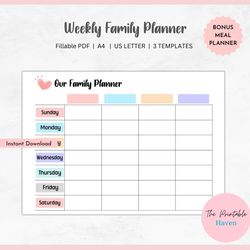 weekly family planner editable, family calendar, family calendar printable, command center, weekly family schedule.